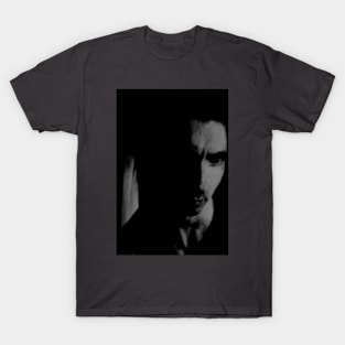 Portrait, digital collage and special processing. Face. Nice looking guy in dark room. Grayscale. T-Shirt